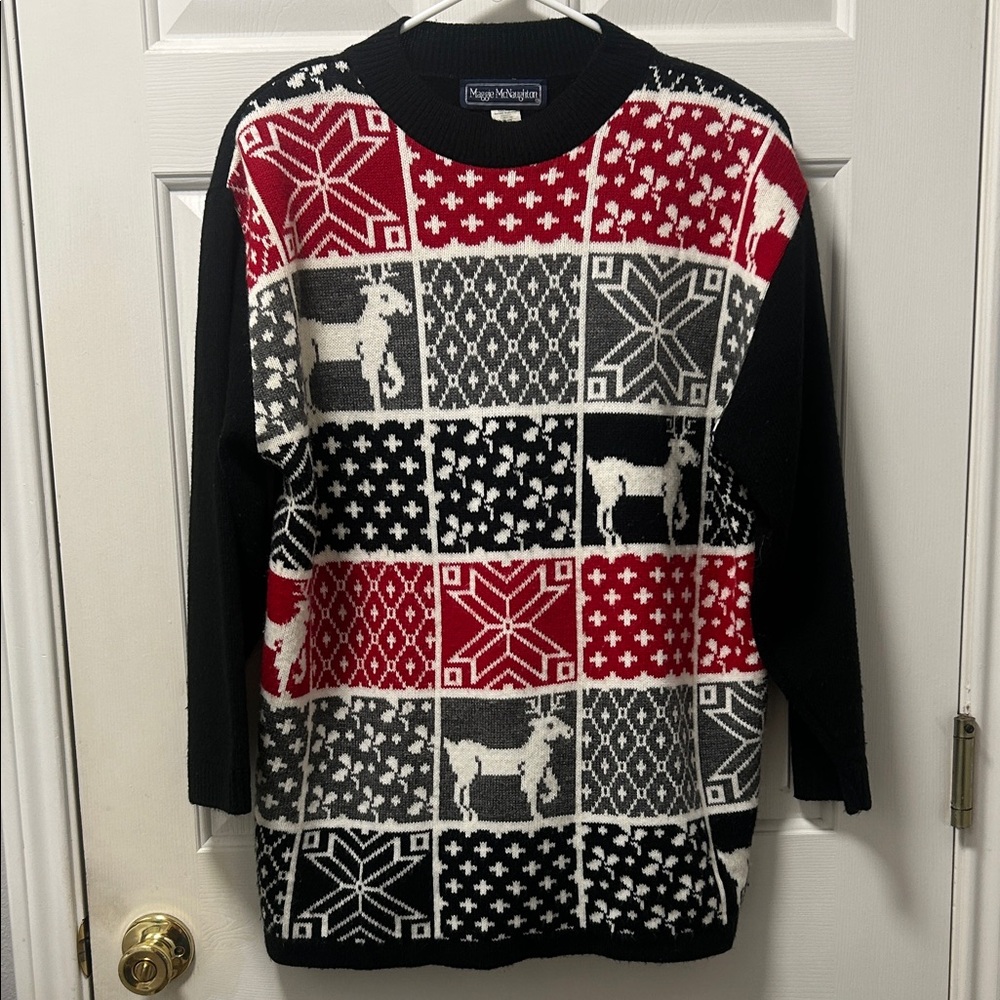 Maggie McNaughton Vintage Women's Red and Black Reindeer Sweater Size 1X